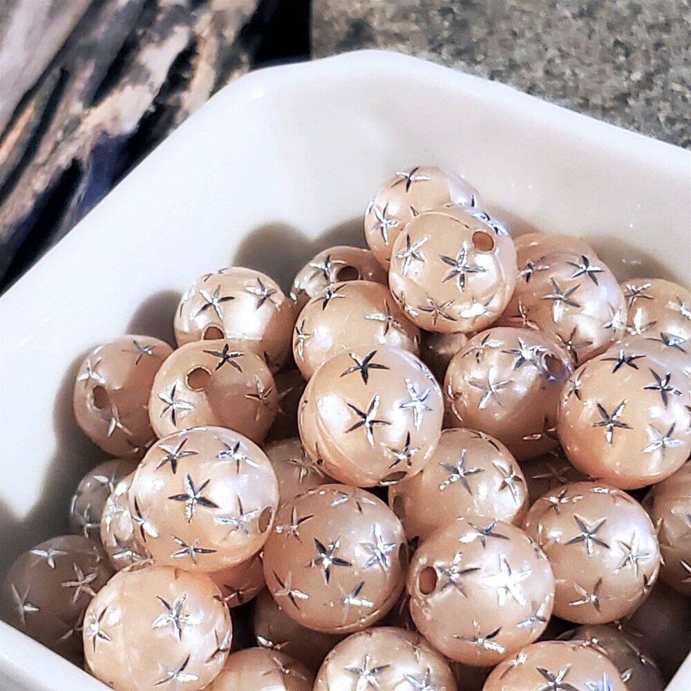 Vintage Retro Peach Silver Stars 12mm Round Acrylic Shabby Chic Beads 10 pcs